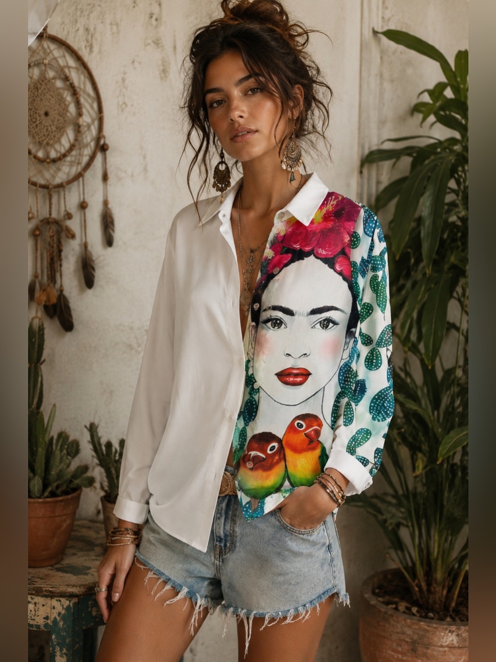 Art To Wear White Button Down Long Sleeve Shirt Tropical and Female Face.